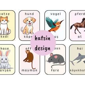 May include: A set of nine colorful flashcards featuring illustrations of different animals, with their names written in both German and Turkish. The flashcards are perfect for learning new vocabulary.