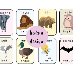 Turks-Duitse Flashcards | 90 tweetalige dierenflashkaarten Turks-Duits | Turks leren met Flashcards | Flashcards Turkse woordenschat
