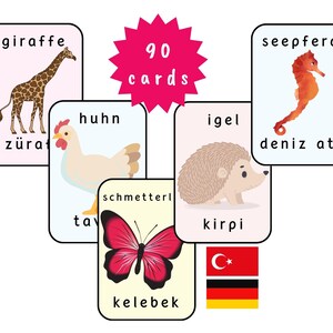 Turkish German Flashcards for Kids | 90 Bilingual Animal Flashcards Turkish German | Learn Turkish | Turkish Vocabulary | Visual Learning image 1