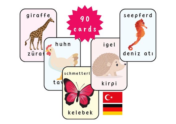 Turkish German Flashcards for Kids | 90 Bilingual Animal Flashcards Turkish German | Learn Turkish | Turkish Vocabulary | Visual Learning