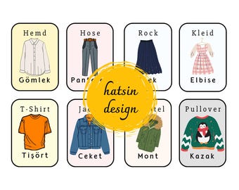 48 Turkish German Clothes Flash Cards - bilingual flashcards - Turkish German Vocabulary Flashcards - pdf - digital download