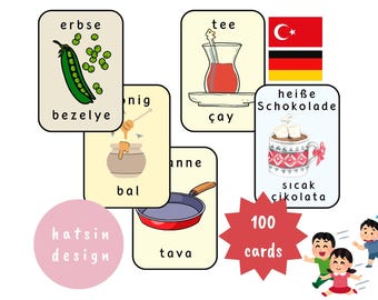 Turkish German Food (100 Cards) Flashcards - Turkish German Bilingual Nomenclature Flashcards for Kids - pdf - digital download