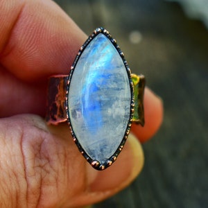 Moonstone Ring, Wide Band Ring, Rustic Copper Ring, Minimalist Crystal Ring, Electroformed Jewelry, Crystal Copper Ring