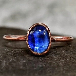 Blue Kyanite Ring, Rustic Copper Ring, Minimalist Crystal Ring, Electroformed Jewelry, Crystal Copper Ring, Stacker Ring, Kyanite Ring