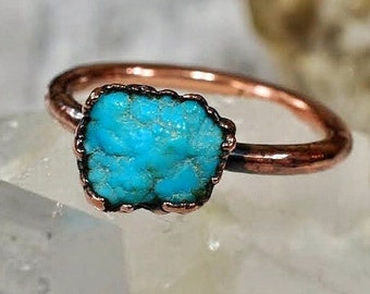 Electroformed Copper Ring: Raw Turquoise Gemstone, Size 8.5
