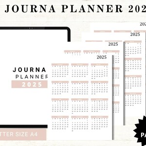 Könnte beinhalten: Druckbarer 2025-Kalenderplaner mit 14 Seiten in einem minimalistischen Design mit hellbraunem Hintergrund. Der Text "JOURNA PLANNER 2025" befindet sich oben auf der Seite. Der Text "US LETTER SIZE A4" befindet sich unten auf der Seite.