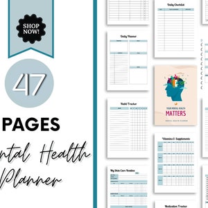 May include: A mental health planner with 47 pages. The cover features a teal and white design with the text "Your Mental Health Matters." Inside are daily checklists, habit trackers, and self-care guides. A "Shop Now!" banner is at the top.