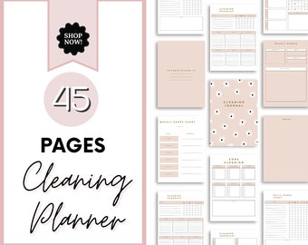 May include: A collection of 45-page cleaning planners in a soft pink and white color scheme. The cover features the text "Cleaning Planner" and "45 Pages". Various pages include cleaning schedules, chore charts, and a cleaning journal.