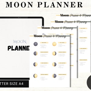 Könnte beinhalten: Ein digitaler Mondplaner mit dem Titel "MOON PLANNER" in Schwarz und Blau. Der Planer enthält Seiten mit Mondphasen-Illustrationen und Text. Der Text "US LETTER SIZE A4" befindet sich unten links und "24 PAGES" unten rechts.