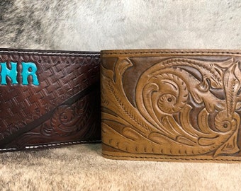 Hand Tooled Leather Bi-Fold Wallet, Personalized Gift