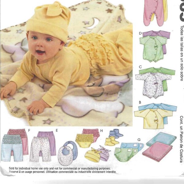 Infant Coveralls, Top, Bodysuit, Pants, Diaper Cover, Blanket, Booties, Bib & Hat Pattern from McCall's 3665 Size All