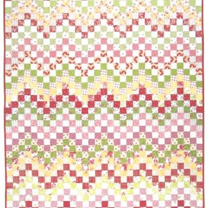 May include: A quilt with a checkered pattern in red, white, green, and yellow. The quilt has a wavy pattern with a series of small squares.
