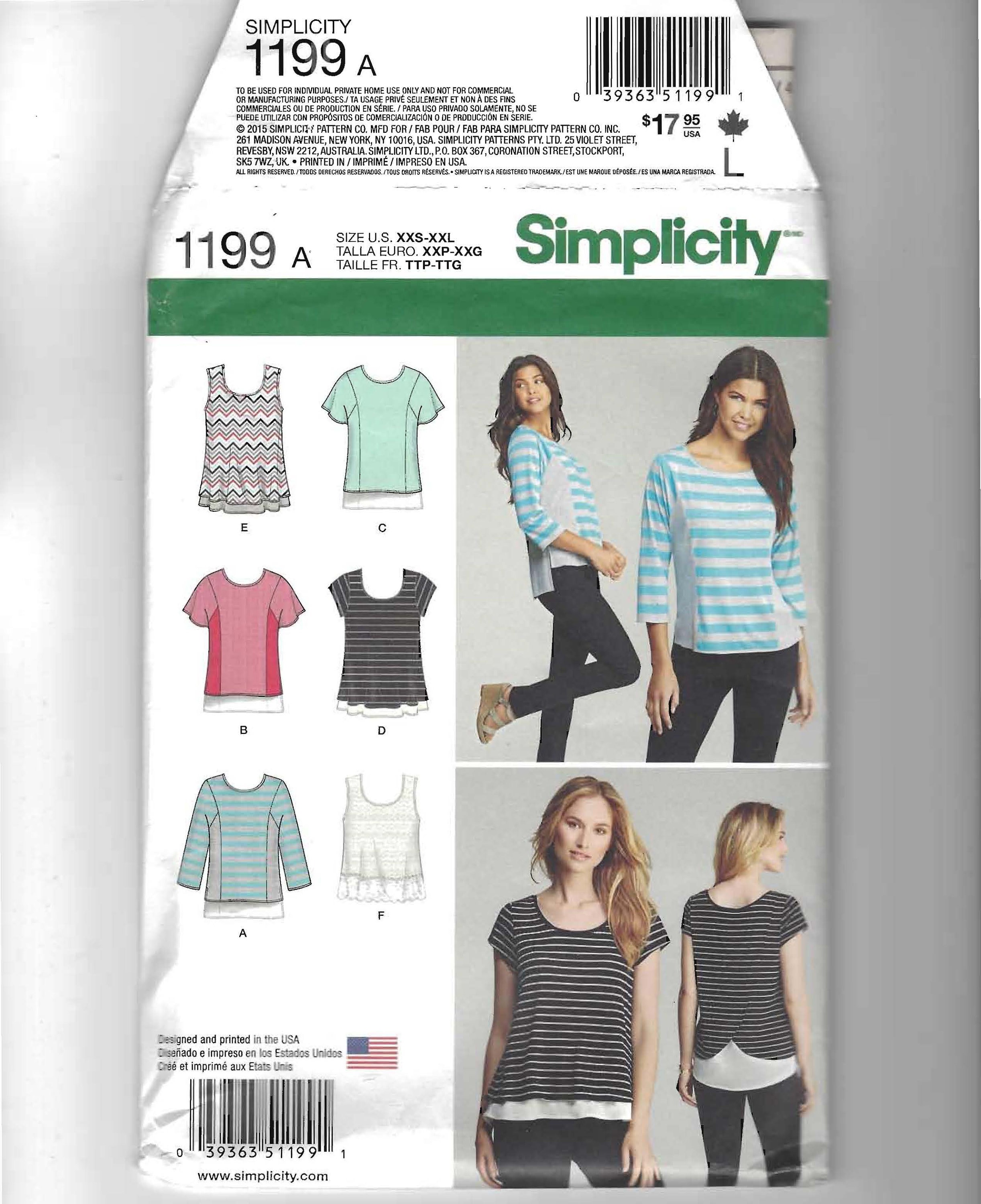 【本物保証】 1199 Simplicity Pattern Sewing Tops Knit Misses XXL Size 裁縫材料