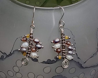 handcrafted sterling silver earrings with vintage upcycled faux pearls and glass beads dangles unique one of a kind jewelry