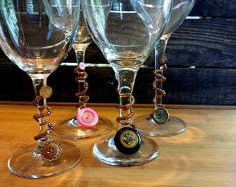 handmade beaded wine glass charms set with antique vintage buttons and glass beads designed and handcrafted by convoluted notions