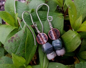 dangling sterling silver earrings with gray green ocean jasper natural gemstones hammered coppers disks and glass beads