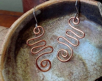 big bohemian hippie handcrafted copper swirl earrings with handmade sterling silver earwires