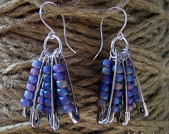 purple lovers sterling silver earrings handmade with purple beaded safety pins