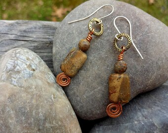 sterling silver earrings handmade with natural brown picture jasper gemstones dangling upcycled vintage brass and hammered copper swirls