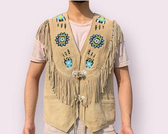 Men’s Handmade Suede Leather Fringe Cowboy Vest with Beaded Accent - Native Style Western Rodeo Powwow Regalia Boho Festival Outfit