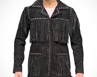 Herrjacka med westernfransar i mocka – Svart cowboyläderkappa med nitar, ytterkläder i vintage-rodeostil
