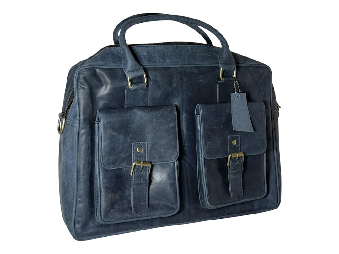 Blue Leather Laptop Bag for Men & Women – Handmade Vintage Briefcase ...