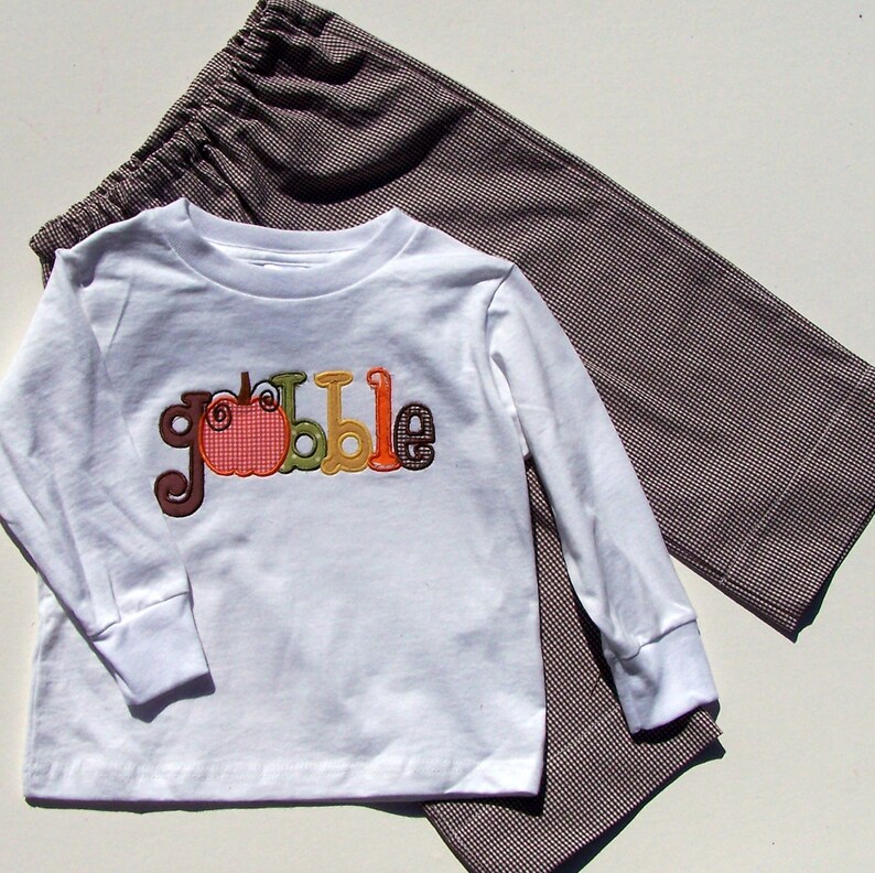 Gobble Thanksgiving Appliqued Tee shirt and Pant Set for image 2