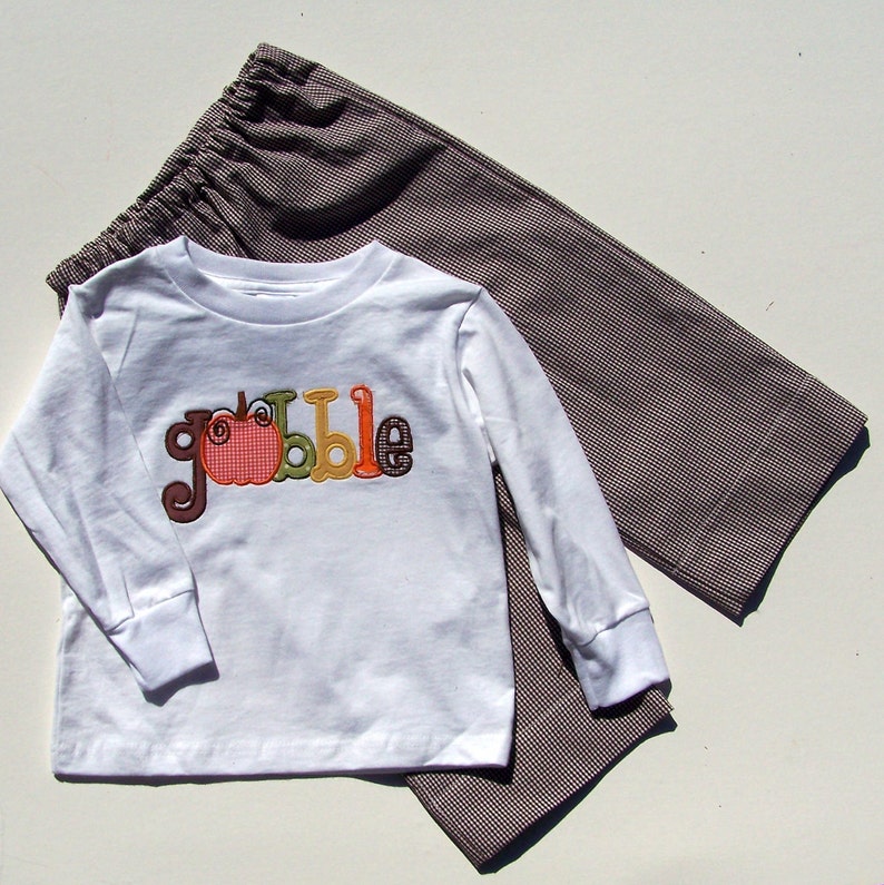 Gobble Thanksgiving Appliqued Tee shirt and Pant Set for image 0