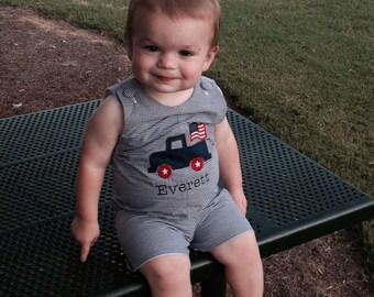 July 4th Boy's Jon Jon, Boy's Patriotic Outfit, Boy's July 4 Romper, Flag Truck Jon Jon, Deployment Welcome Home Outfit