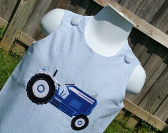 Tractor Jon Jon, vintage tractor outfit for boys, old blue tractor romper, farm tractor overalls