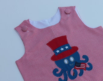 July 4th Boy's Jon Jon, Boy's Patriotic Outfit, Boy's July 4 Romper, Octopus Jon Jon, Deployment Welcome Home Outfit