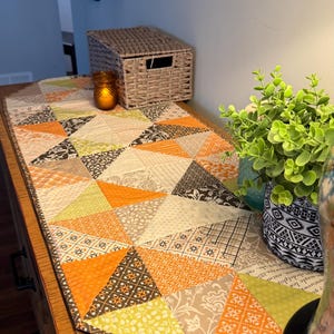 Handmade Fall Patchwork Quilted Table Runner | Orange Green Neutral Pinwheel Quilt | Autumn Farmhouse Decor | Thanksgiving Table Decor