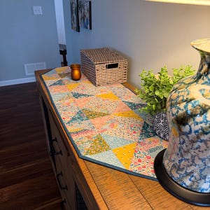 Spring Flowers and Dogs Patchwork Table Runner, Spring Decor