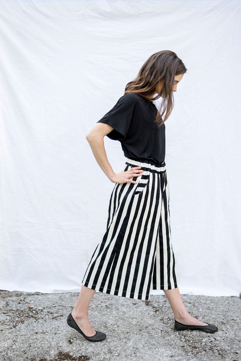 Pant Skirt Pants Made of Striped Cotton Elastic Waist Wide Etsy