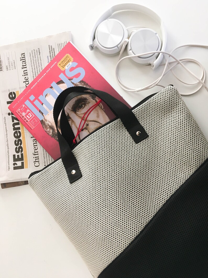 Handmade grey and black backpack, vegan bag, neoprene, laptop case, gift for her, artisanal bag, one of a kind, unisex backpack image 4