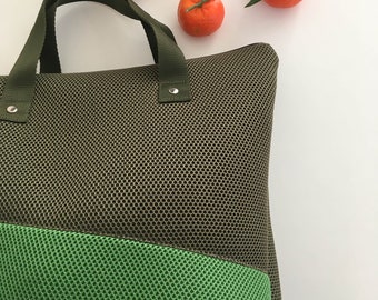 Handmade green bicolor backpack, vegan bag, neoprene, laptop case, gift for her, artisanal bag, one of a kind, unisex backpack
