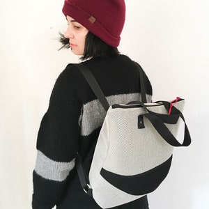 Handmade grey and black backpack, vegan bag, neoprene, laptop case, gift for her, artisanal bag, one of a kind, unisex backpack image 1
