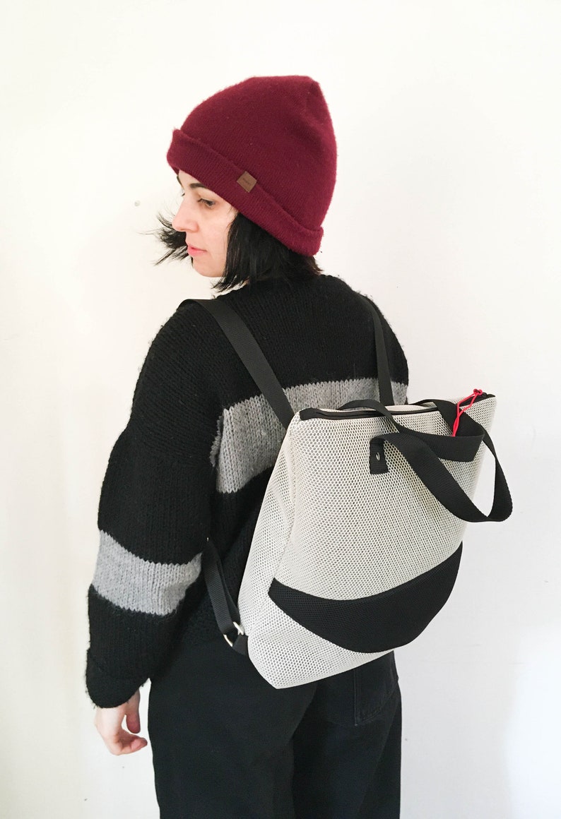 Handmade grey and black backpack, vegan bag, neoprene, laptop case, gift for her, artisanal bag, one of a kind, unisex backpack image 1