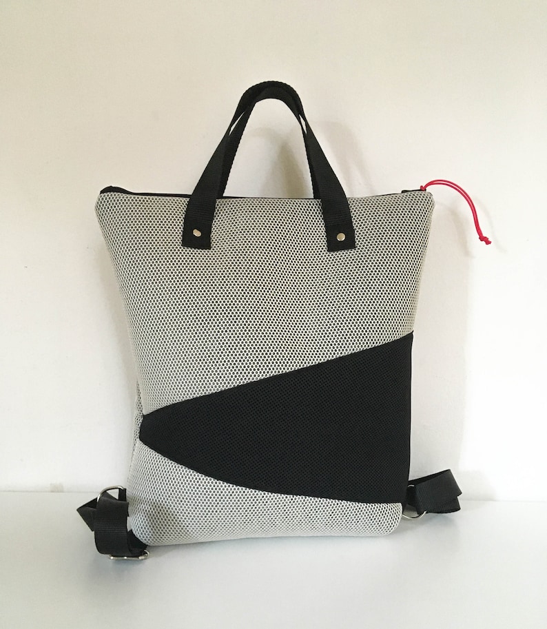 Handmade grey and black backpack, vegan bag, neoprene, laptop case, gift for her, artisanal bag, one of a kind, unisex backpack image 3