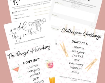 May include: A printable game for an eviction party. The game includes a "Who Knows Best?" section, a "Would They Rather?" section, and a "The Danger of Drinking" section. The game also includes a clothespin challenge with a list of words that players cannot say.