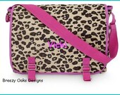 Personalized Leopard Safari Messanger Bag BookbagSchool, Tote, Graduation Gift, Small Diaper Bag, Crayola Crayon, Stylish, Sac,
