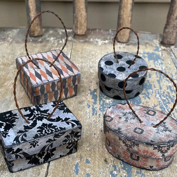 Halloween Ornament Boxes, Primitive Paper Mache, orange white black silver gray paper, rustic distressed ornies, fall autumn feather tree