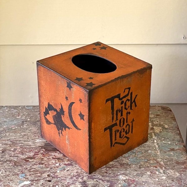 Primitive Halloween Tissue Box Cover, orange black paper mache, stenciled stars witch rustic distressed, holder, bathroom decor, trick treat