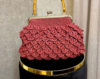 Bolso de mano de ganchillo rojo hecho a mano, estilo bohemio vintage con asa de bambú, elegante Ev