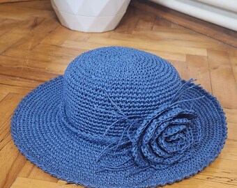 Handmade Crochet Bucket Hat: Blue Boho Sun Hat With Flower  display picture 1