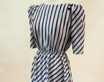 Vintage 80s Stripe Dress Puff Sleeve Button Back Diagonal Jewel Colors