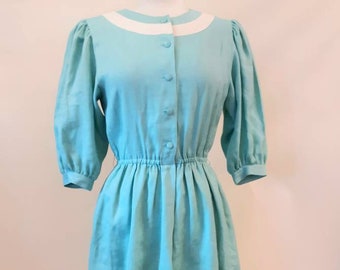 Vintage 1970s Aqua Linen Dress Puff Sleeve Sailor - Pockets !