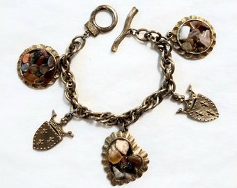 Vintage Charm Bracelet Tumbled Gemstone Heart Crest Gold Toggle 1960s