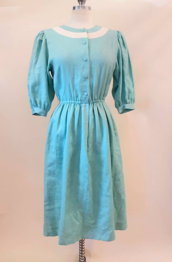 Vintage 1970s Aqua Linen Dress Puff Sleeve Sailor… - image 1