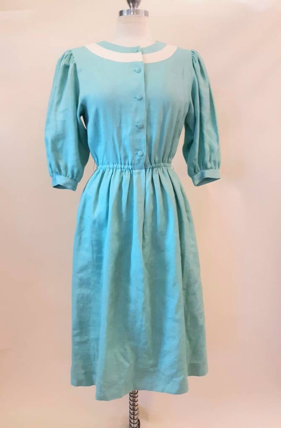 Vintage 1970s Aqua Linen Dress Puff Sleeve Sailor - Pockets !